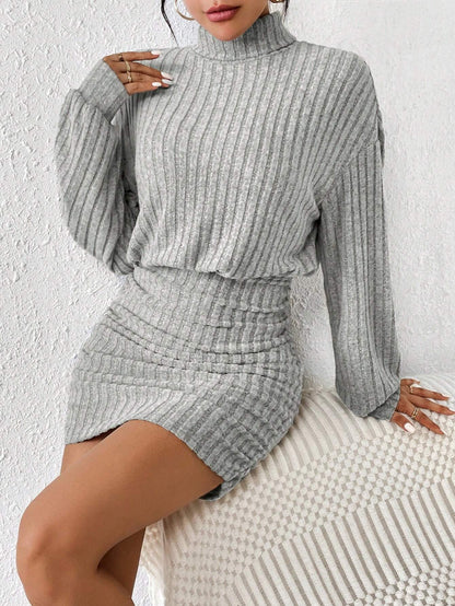 Frenchy Women'S Turtleneck Drop Shoulder, Ribbed Knit Sweater Textured Fabric Dress