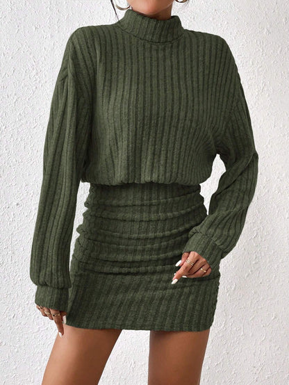 Frenchy Women'S Turtleneck Drop Shoulder, Ribbed Knit Sweater Textured Fabric Dress