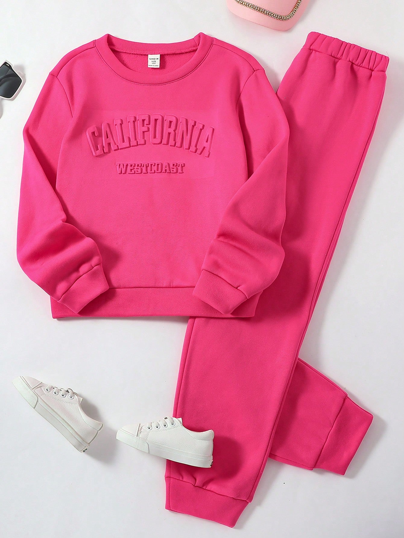 Tween Girl Letter Embossed Thermal Lined Sweatshirt & Sweatpants