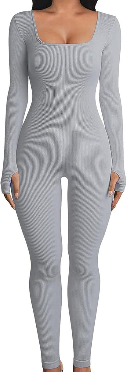 Yoga Jumpsuits for Women Square Neck Long Sleeve with Thumb Hole Tummy Control Rib Knit Athletic Long Romper Plain Workout