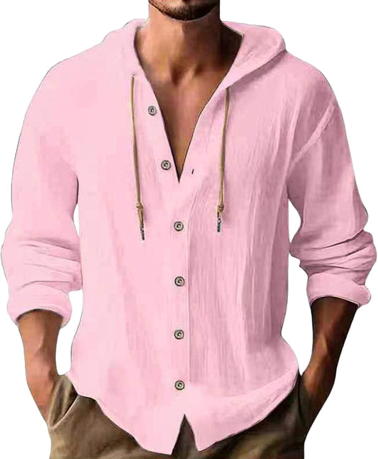 Cotton Hoodie for Mens Long Sleeve Linen Button down Shirt Summer Casual Hawaiian Beach Tops Lightweight Work Tshirt