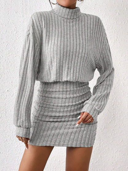 Frenchy Women'S Turtleneck Drop Shoulder, Ribbed Knit Sweater Textured Fabric Dress